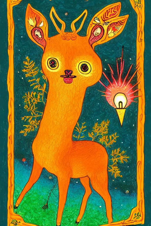 Image similar to tiny golden deer glowing eyes and sun ray mane holding lit matches and singing, children's book illustration, traditional folk art style, gouache on paper, outsider art, David Palladini, Mu Pan, Carson Ellis, Julia Sarda, tarot card, Henry Darger, Louis Wain