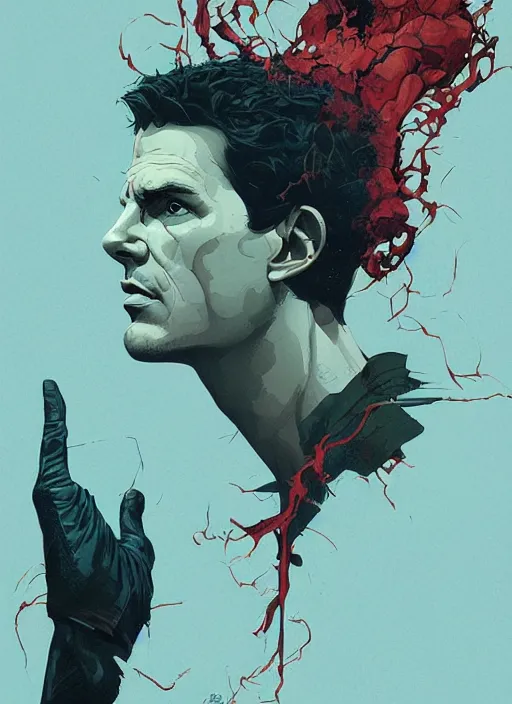 Prompt: poster artwork by Michael Whelan and Tomer Hanuka, Karol Bak of Tom Cruise mind expanding too much like Tetsuo from Akria, from scene from Twin Peaks, clean, simple illustration, nostalgic, domestic, full of details