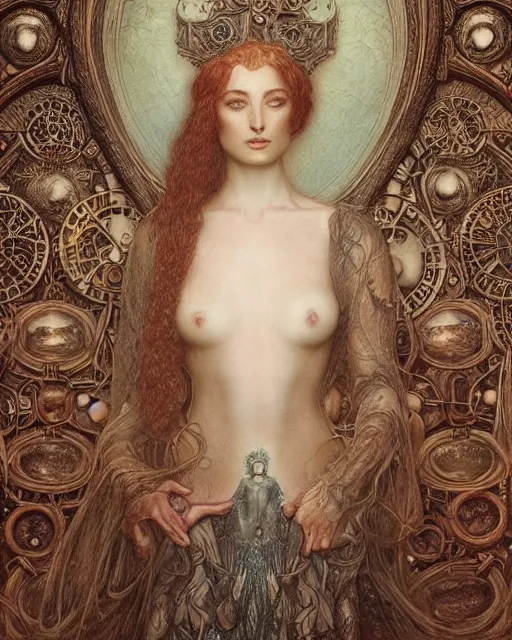 Image similar to in the style of beautiful sophie turner, steampunk, detailed and intricate by jean delville, gustave dore and marco mazzoni, symbolist, visionary, gothic, pre - raphaelite