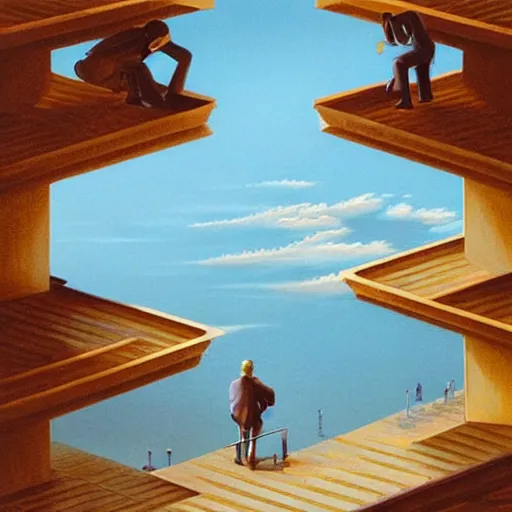 Prompt: impossible realities of speculative distance and strident egalitarianism. a subtle natre study by escher, rhads and mumford. trending