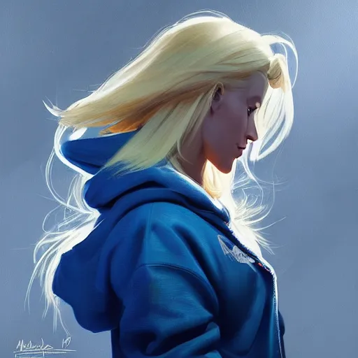 Prompt: greg manchess portrait of a beautiful girl with blonde hair, wearing a blue hoodie, as an overwatch character, medium shot, asymmetrical, cinematic lighting, sharp shadows, profile picture, organic painting, matte painting, bold shapes, hard edges, street art, trending on artstation, by huang guangjian and gil elvgren and sachin teng