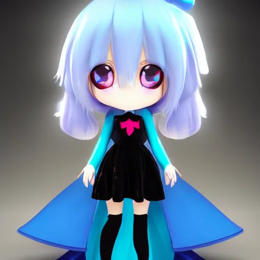 Prompt: cute fumo plush of a superheroine girl in a blue dress, magical girl, gothic maiden anime girl, glowing writing, velvet, vray