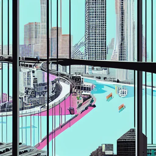 Image similar to retrowave by richard mcguire, by tiago haseltine churning. a mixed mediart of a cityscape. the mixed mediart shows a view from an elevated train line of the city below.