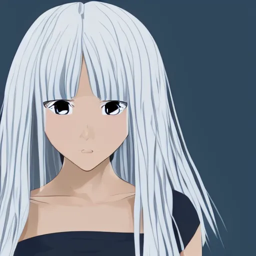 Image similar to young woman with long wavy ashen silver hair, with blackness instead of eyes, anime