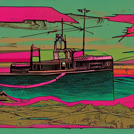 Image similar to an abandoned ship on the aral sea desert, in the style of daniel johnston and outsider art, 8 k, line brush, graduated colors, overlaid with cyrillic adverts