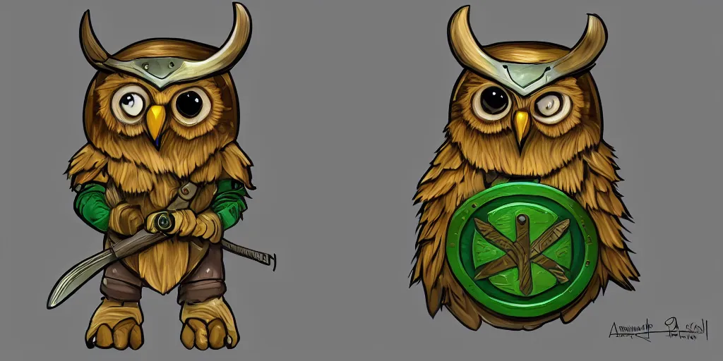 Prompt: An award winning cartoon of a highly detailed, realistic anthropomorphic owl wearing a viking helmet, shield, and green shirt. Character commission. Artstation.