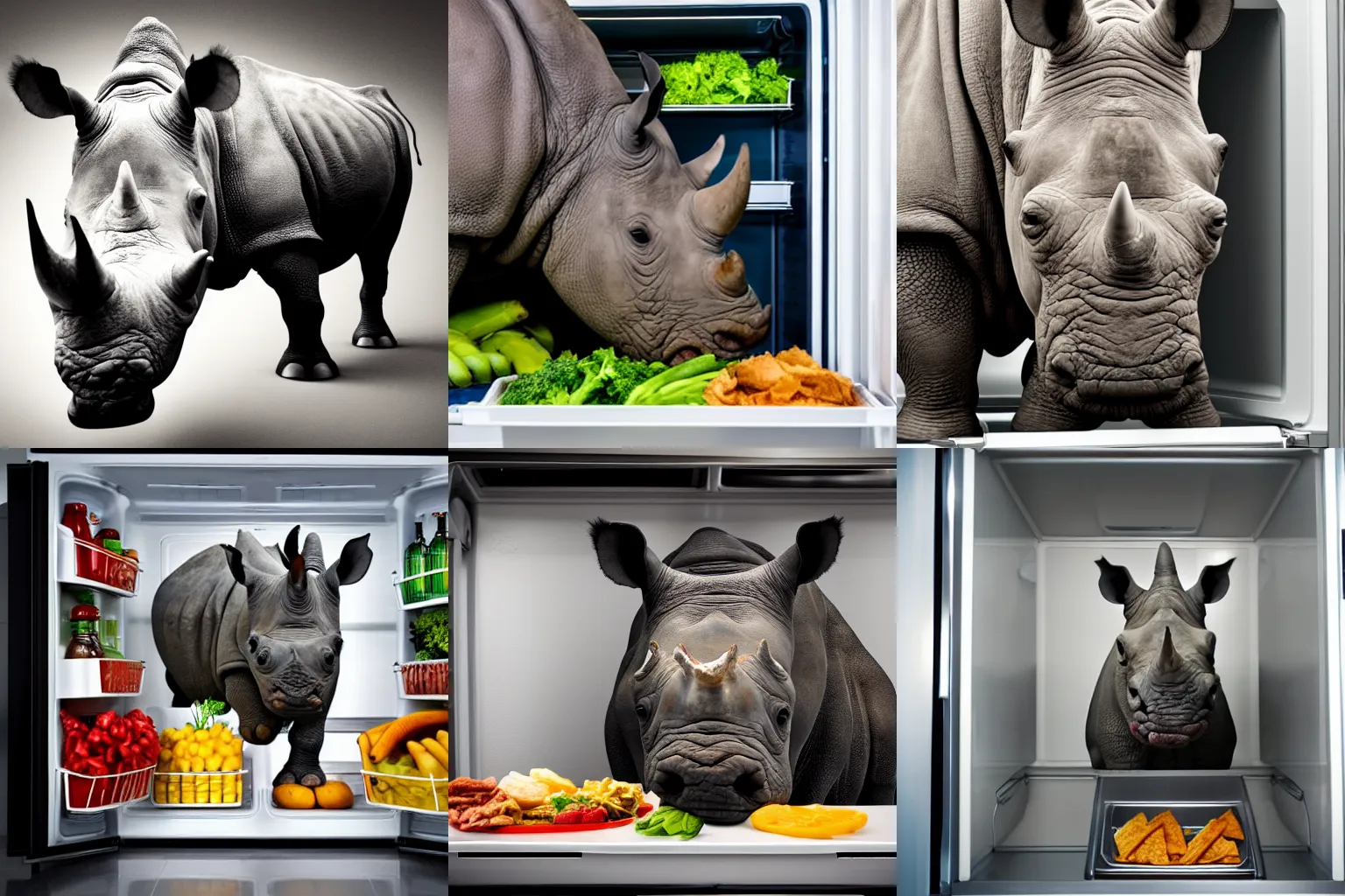 Prompt: high quality stock photo of a rhino standing inside of a refrigerator, eating food. Highly detailed, 4k, dingy lighting, ominous tone.