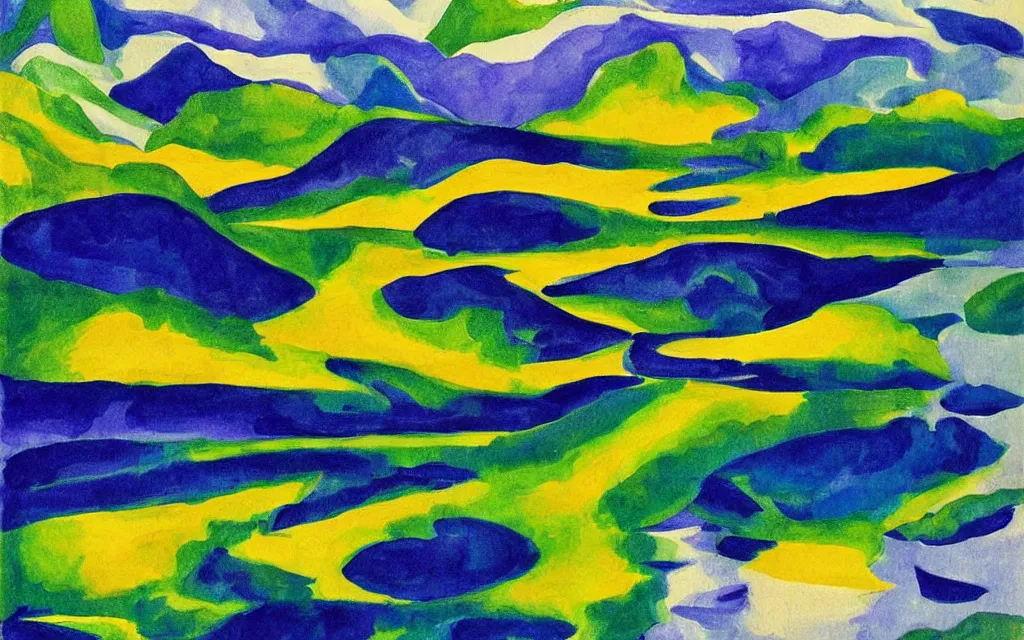 Image similar to the alps and reflection in a lake in the style of georgia o keeffe. colorful, wavy. painting. medium long shot. perspective. color palette of blue, yellow, purple, green.