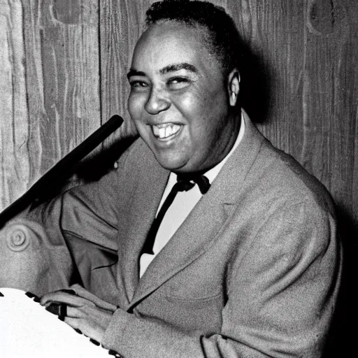 Image similar to realistic photo of charlie parker at age 7 6, smiling, black and white