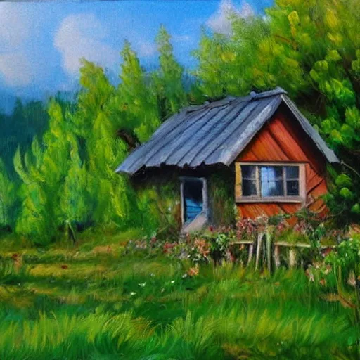 Image similar to little house in the countryside on a sunny day, forest, realistic, detailed, peaceful, brush strokes, oil painting