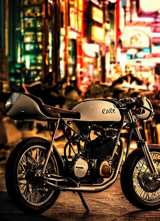 Prompt: a classic cafer racer motobike in the cyberpunk city at night