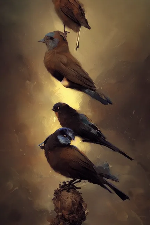 Image similar to birds, flock of brown black blue birds, oil painting, sunlit, paint texture, digital painting, highly detailed, artstation, sharp focus, illustration, concept art, ruan jia, charlie bowater, tom bagshaw, norman rockwell