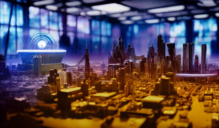 Image similar to crowd of people in open museum, looking at hologram of futuristic city on a table, cinematic concept art, godrays, golden hour, natural sunlight, 4 k, clear details, tabletop model buildings, center model buildings, hologram center, crane shot, wide shot, high shot