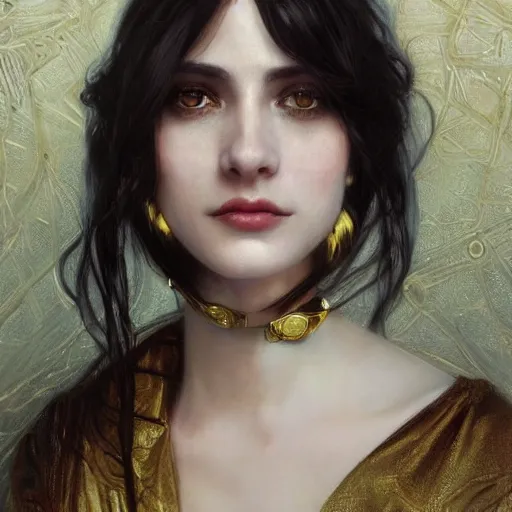 Image similar to portrait of a smiling, beautiful, pale skin european female with long black hair, dark brown eyes, elegant clothing, photorealistic, highly detailed, artstation, smooth, sharp focus, gold ornaments, neon lighting, sci - fi, art by gustav klimt, artgerm, greg rutkowski and alphonse mucha