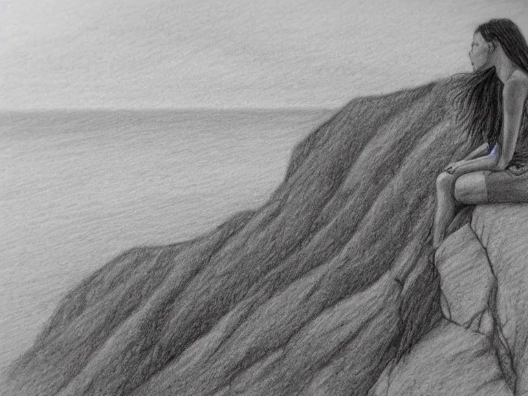 Image similar to a pencil drawing of a girl sitting on a cliff overlooking the beach by pen tacular