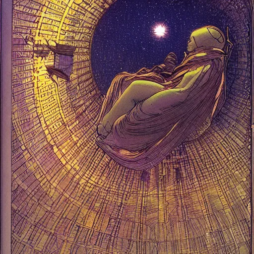 Image similar to Liminal space in outer space by Franklin Booth, colorized