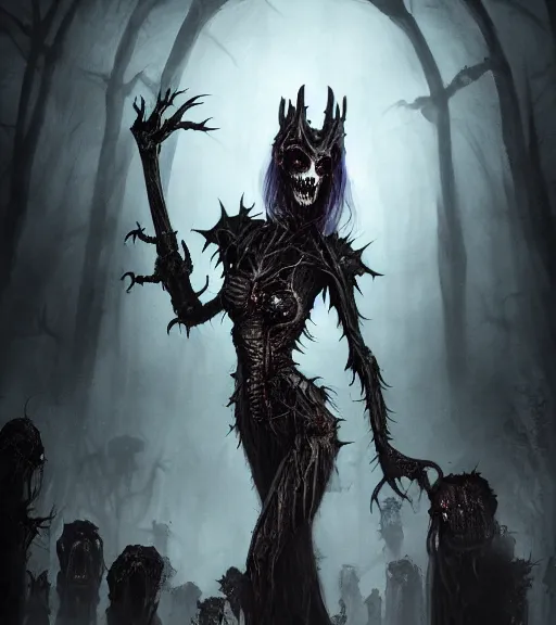 Image similar to gothic necrolord female with zombie servents, digital painting, liminal eerie midnight backlit, a picture taken by Michael Komarck and Daniel Ljunggren