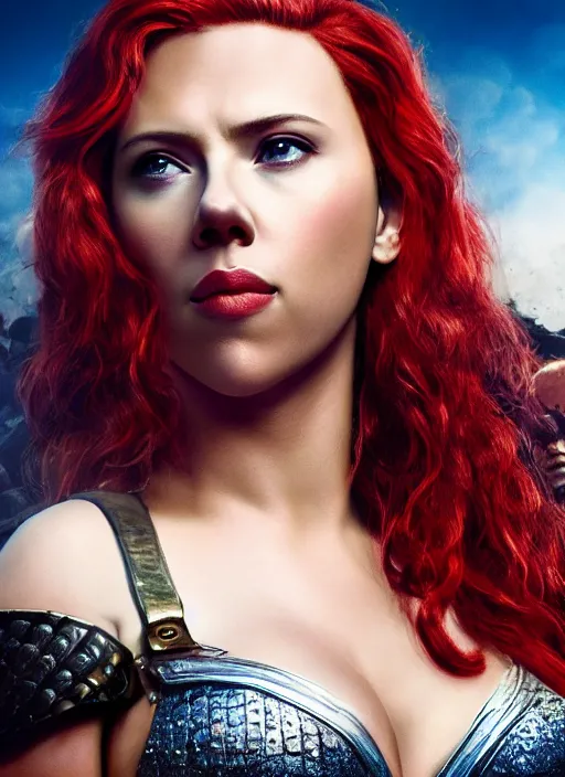 Image similar to scarlett johansson portraying a beautiful red sonja, beautiful scarlett johansson red sonja, movie, hyper realistic, hollywood promotional image, imax, 8 k