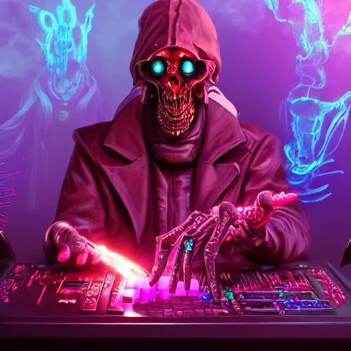 Image similar to cyberpunk undead lich ilithid mindflayer playing synthesizer, honeycomb background, D&D, smokey lights, lasers, highly detailed, realistic, technology and magic,