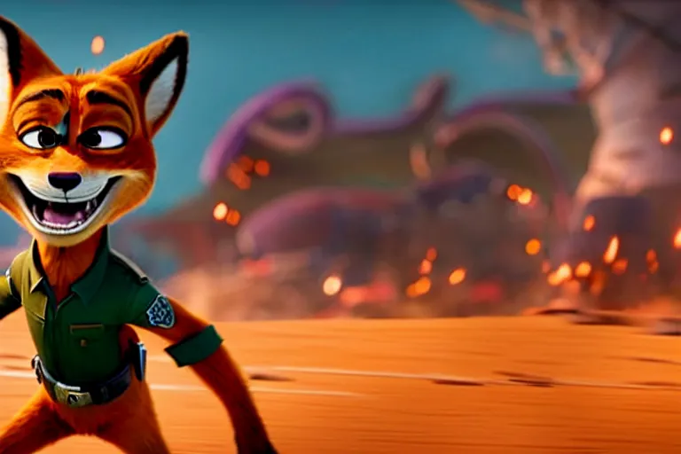 Image similar to nick wilde ( from zootopia ), heavily armed and armored facing down armageddon in a dark and gritty reboot from the makers of mad max : fury road : witness me