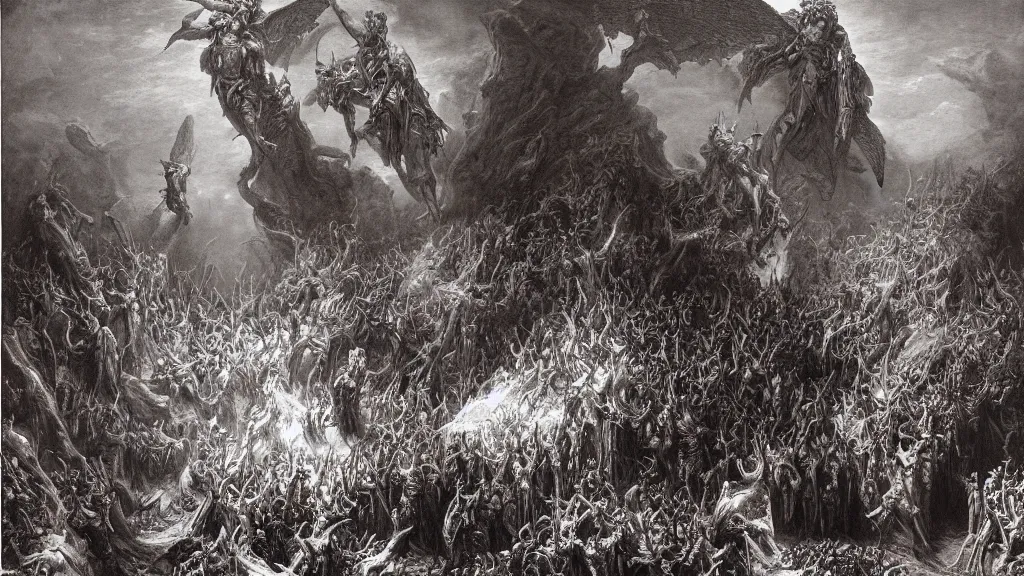 Image similar to satans fall from paradise into hell by gustave dore, james ryman, wayne barlowe. deep rich color