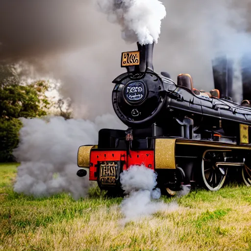 Prompt: a beautiful steampunk queen with curly red hair wearing a top hat and victorian clothes, vintage luggage, by a steam engine train, with smoke taken with Sony a7R camera, EOS-1D, f/1.4, ISO 200, 1/160s, 8K, RAW, unedited, symmetrical balance, in-frame