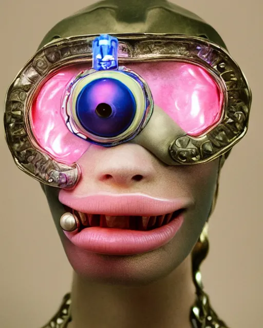 Image similar to natural light, soft focus portrait of a cyberpunk anthropomorphic turtle with soft synthetic pink skin, blue bioluminescent plastics, smooth shiny metal, elaborate ornate head piece, piercings, skin textures, by annie leibovitz, paul lehr