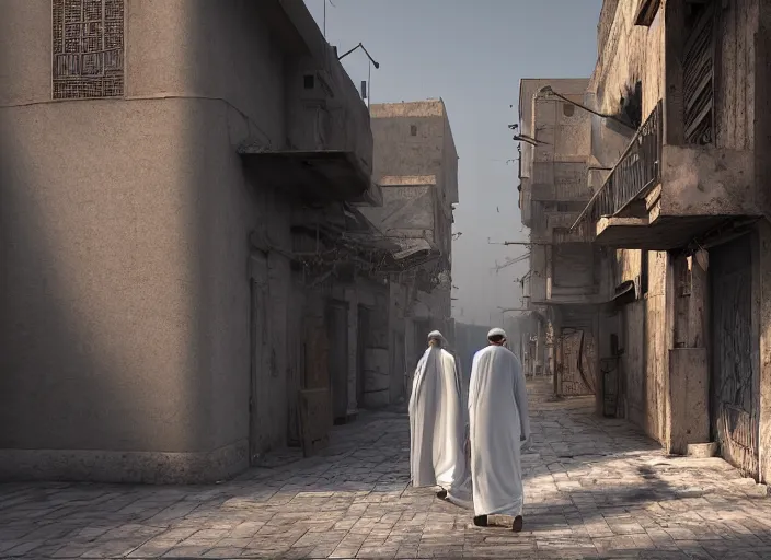 Image similar to old jeddah city alley, roshan, old shops, horse, magical time gate to another dimension, a man wearing a white robe standing watching over, dramatic lighting, dawn, by caspar david friedrich, unreal engine 5