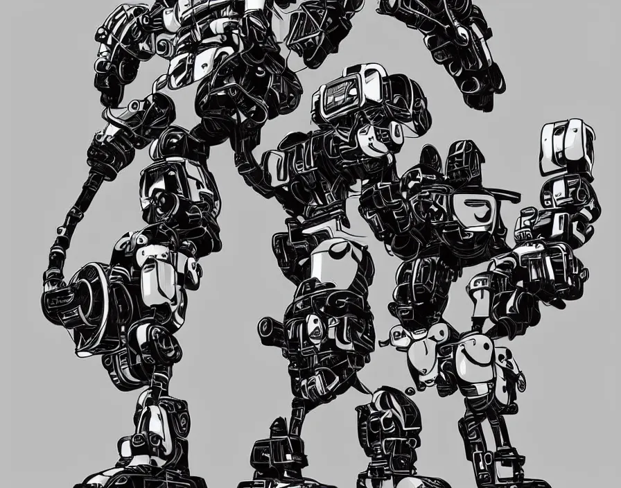 Prompt: mech robot, minimalistic, intricate, flat art, black and white, digital, textless