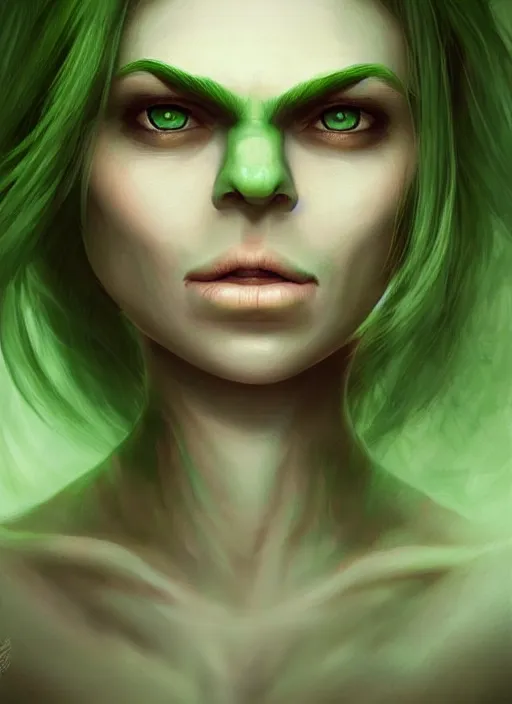 Prompt: green orc female, light green tone beautiful face by anton semenov, charlie bowater