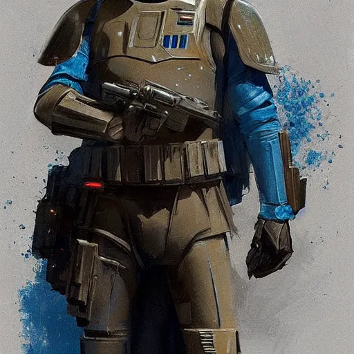 Image similar to star wars concept art by greg rutkowski, soldier wearing the blue and black colored tactical gear of the happean separatists, highly detailed portrait, digital painting, artstation, concept art, smooth, sharp foccus ilustration, artstation hq