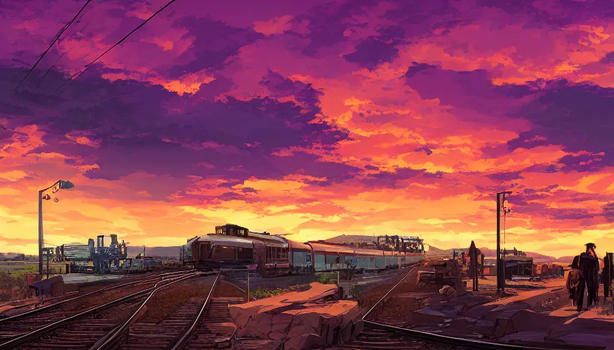 Image similar to train station roadside old west sunset sky clouds illustration by syd mead artstation 4 k 8 k graphic novel concept art matte painting