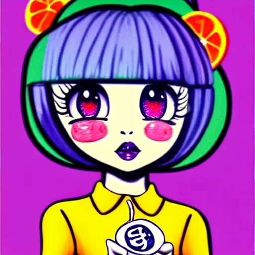 Image similar to the coke logo personified as a cute sprite themed cartoon girl in the style of lavender towne, margaret keane style, large dark eyes, extremely detailed and colorful eyes, digital art, deviant art, soda themed girl, hyper detailed eyes, money sign pupils