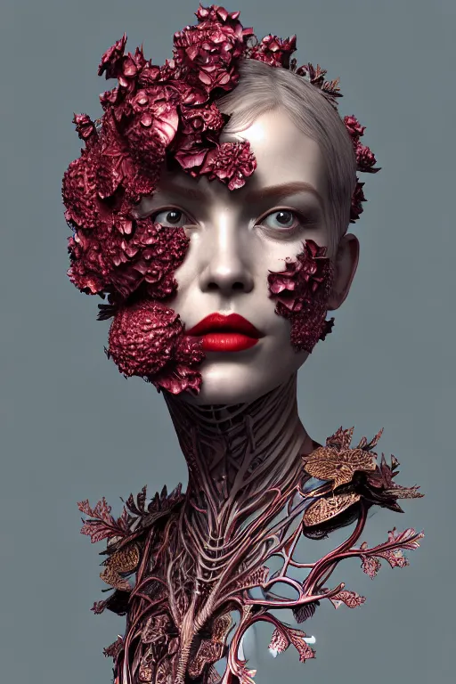 Image similar to complex 3 d render, hyper detailed ultrasharp biomechanical mandelbrot fractal filigree female cyborg portrait with a beautiful porcelain profile face, crown with big hydrangea foliage leaves stems roots, red lips, h. r. giger alexander mcqueen haute couture, art nouveau fashion, octane render, 8 k