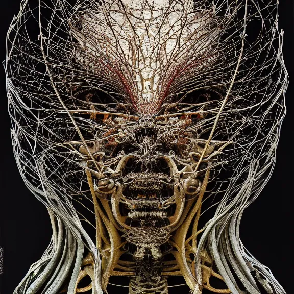 Image similar to symmetric frame from Prometheus, biomechanical gaia, by Neri Oxman and alexander mcqueen metal couture editorial, in mycelium hanging garden by giger by utagawa kuniyoshi