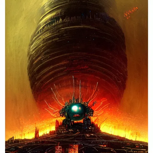 Prompt: giant robot with ominously glowing red eyes stands on top of city that is on fire, concept art, intricate details, highly detailed, in the style of chris foss, rodger dean, moebius, michael whelan, and gustave dore