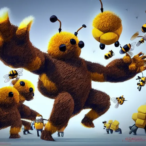 Image similar to A giant bee fighting a bunch of tiny bears, digital art, concept art, 3d animated