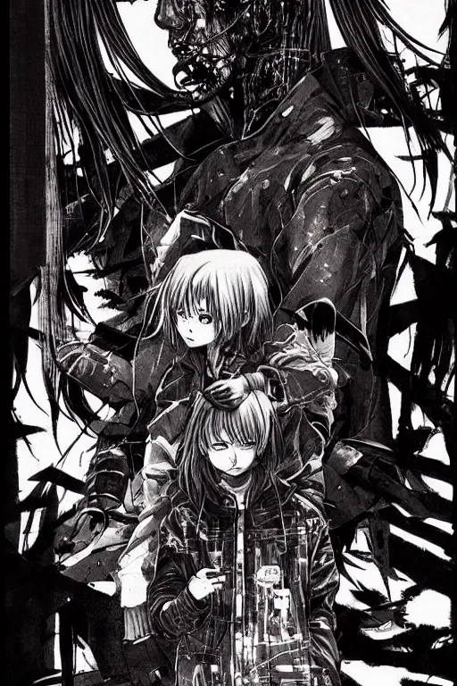 Prompt: 9 0 s seinen horror action manga cover art, mangaka drawn by ilya kuvshinov, designs by tsutomu nihei