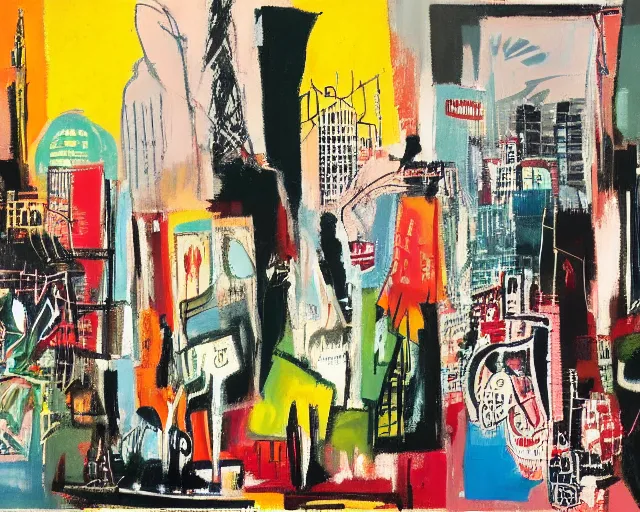 Prompt: painting of new york city skyline by graham sutherland, basquiat, neo - expressionism, muted colors!!!