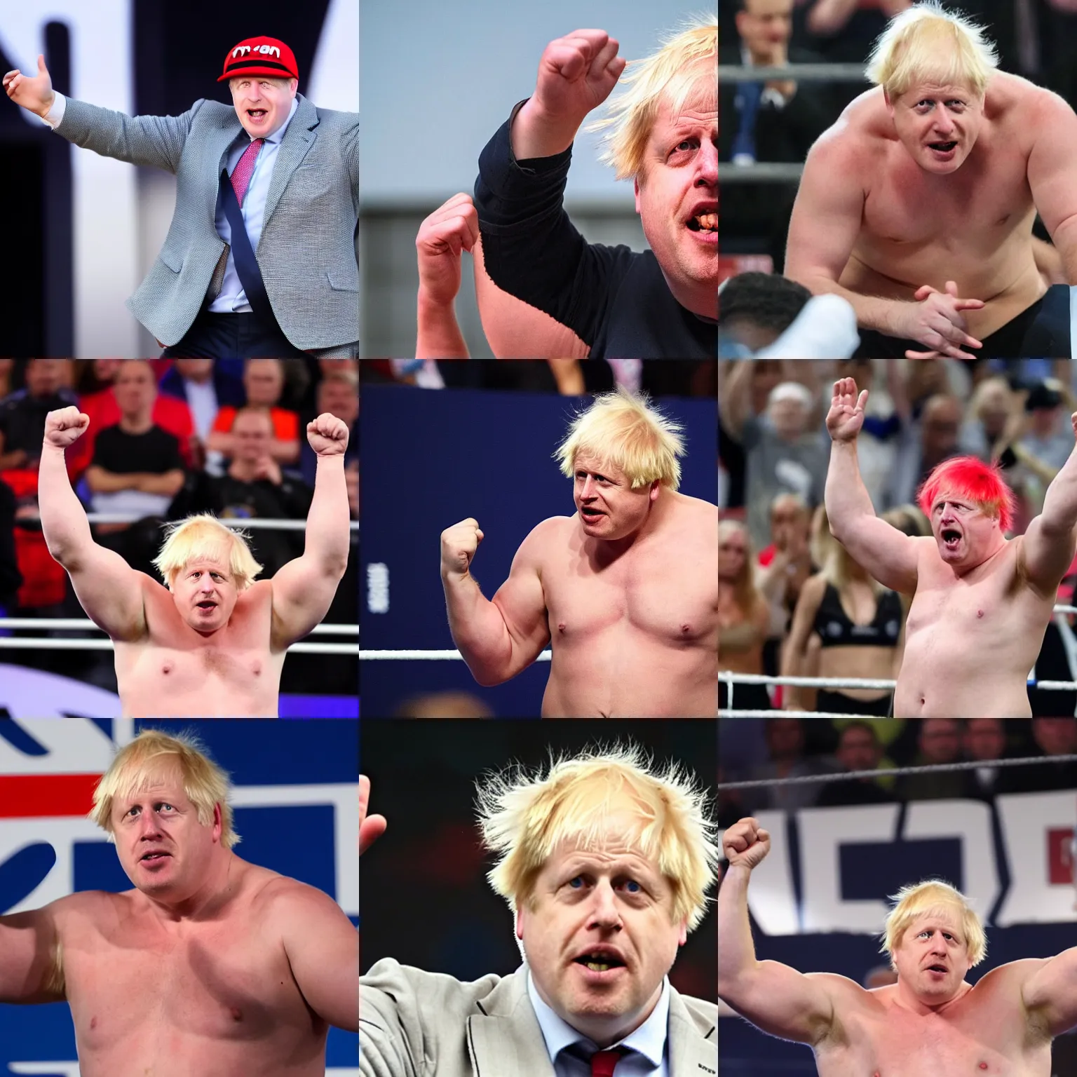 Prompt: boris johnson as an angry muscular wwe wrestler wearing a cap hat. he is waving his hand in front of his face