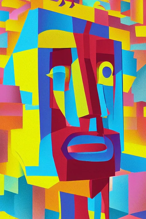 Image similar to cubist moai statue cutout digital illustration cartoon colorful beeple