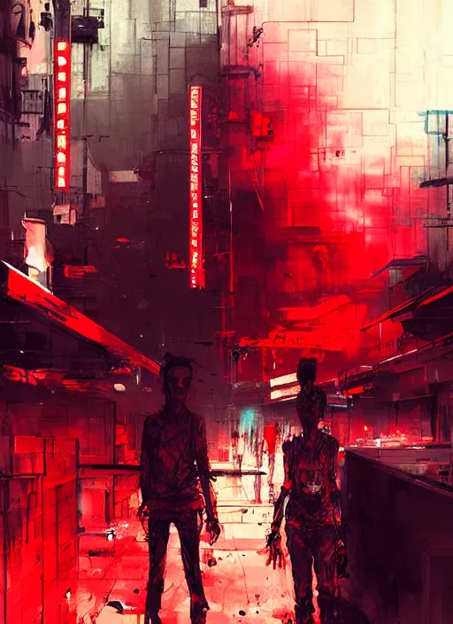 Image similar to horror art, terminators in shinjuku street, red cloud in the background, art by ismail inceoglu