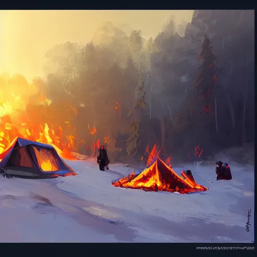 Image similar to a camp with tents on fire, burning down, shadows of 3 girls watching the camp burn, snow, dusk, painted by Sylvain Sarrailh, trending on Artstation