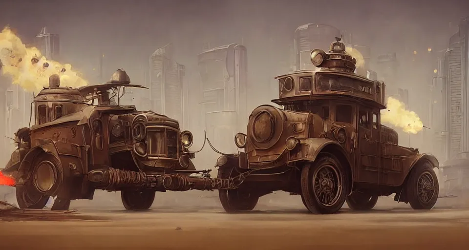 Prompt: a highly detailed epic cinematic concept art CG render digital painting artwork scene: retrofuturistic 1920s cyberpunk steampunk soviet police patrol car inspired by a locomotive emitting smoke. By Greg Rutkowski, Ilya Kuvshinov, WLOP, Stanley Artgerm Lau, Ruan Jia and Fenghua Zhong, trending on ArtStation, made in Maya, Blender and Photoshop, octane render, excellent composition, cinematic dystopian brutalist atmosphere, dynamic dramatic cinematic lighting, aesthetic, very inspirational, arthouse
