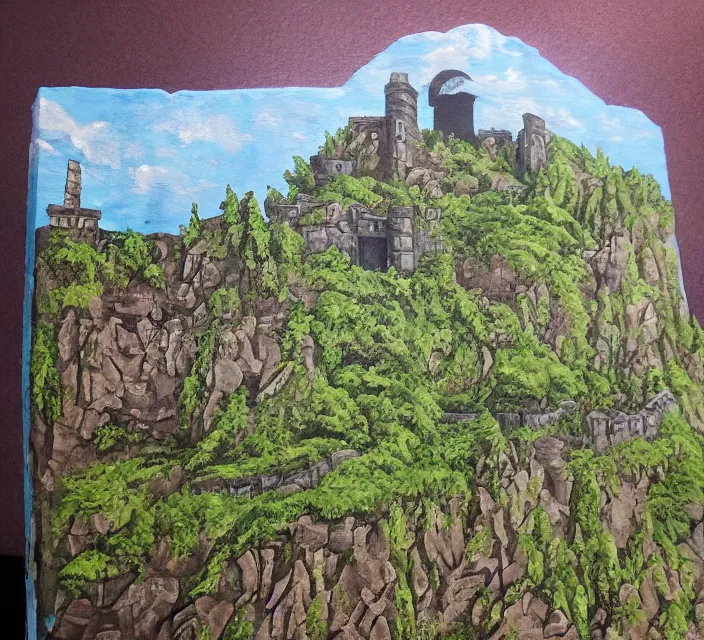 Image similar to a ravine with a fortress. in a conceptual art style. using acrylic paint.