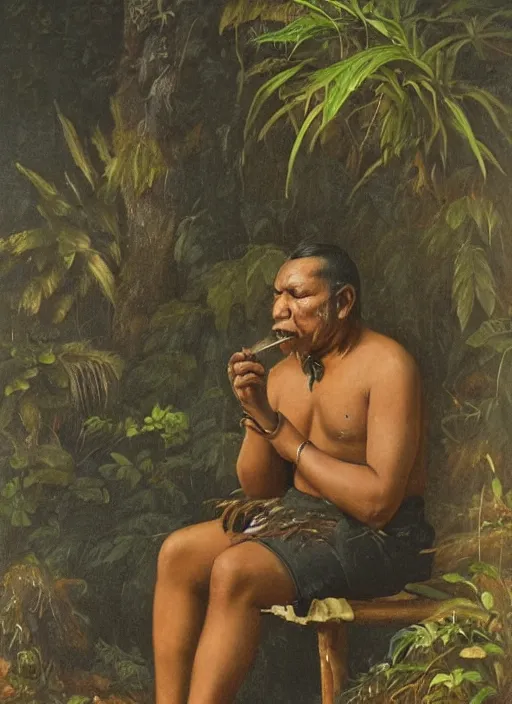 Prompt: a beautiful portrait of an indigenous man sitting in the jungle surrounded by smoke, smoking a pipe, praying with tobacco ,mysterious atmosphere