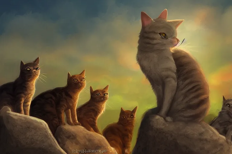 Image similar to cat standing on a rock in front of a crowd of cats, dramatic, backlighting, digital art, trending on furaffinity, by kawacy, fanart