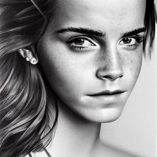 Image similar to Emma Watson, head and shoulders portrait, extremely detailed masterpiece, one single continues line.