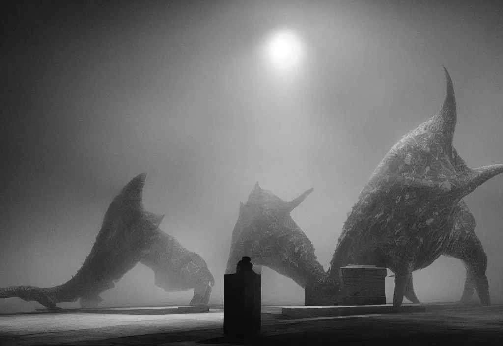 Prompt: light coming out of a bull - like kaiju starfish monster, korean film noir, korean traditional palace, fog, 4 k, video compression, video glitch, monochrome, akira kurosawa