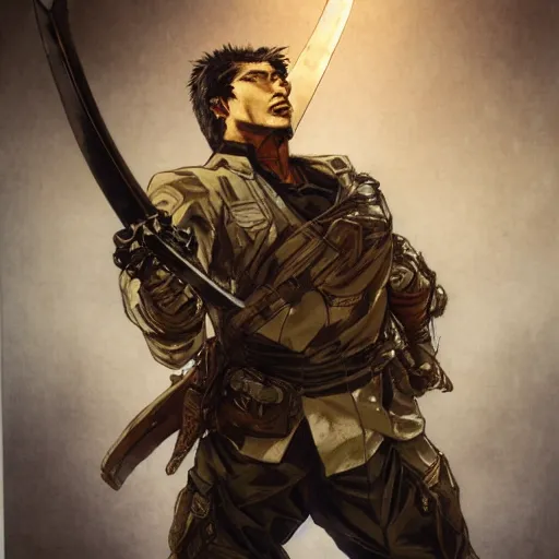 Prompt: portrait of a hero holding his sword in front of his face by yoji shinkawa, high quality, extra details, realism, ornate, colored, golden chain, blood, white skin, short hair, brown eyes, vivid, sunlight, dynamic, american man, freedom, white american soldier, spray pain style
